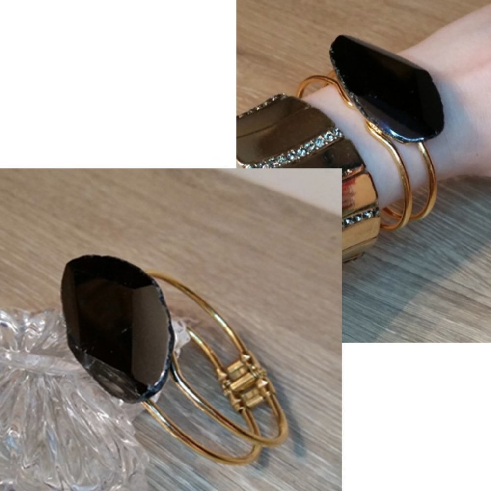 Unique handmade upcycled black gemstone clamper bracelet small wrist